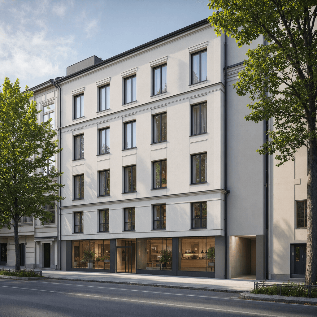 Kantakaupungin täydennysrakennus, kivijalka kadulle ja useita asuinkerroksia yllä