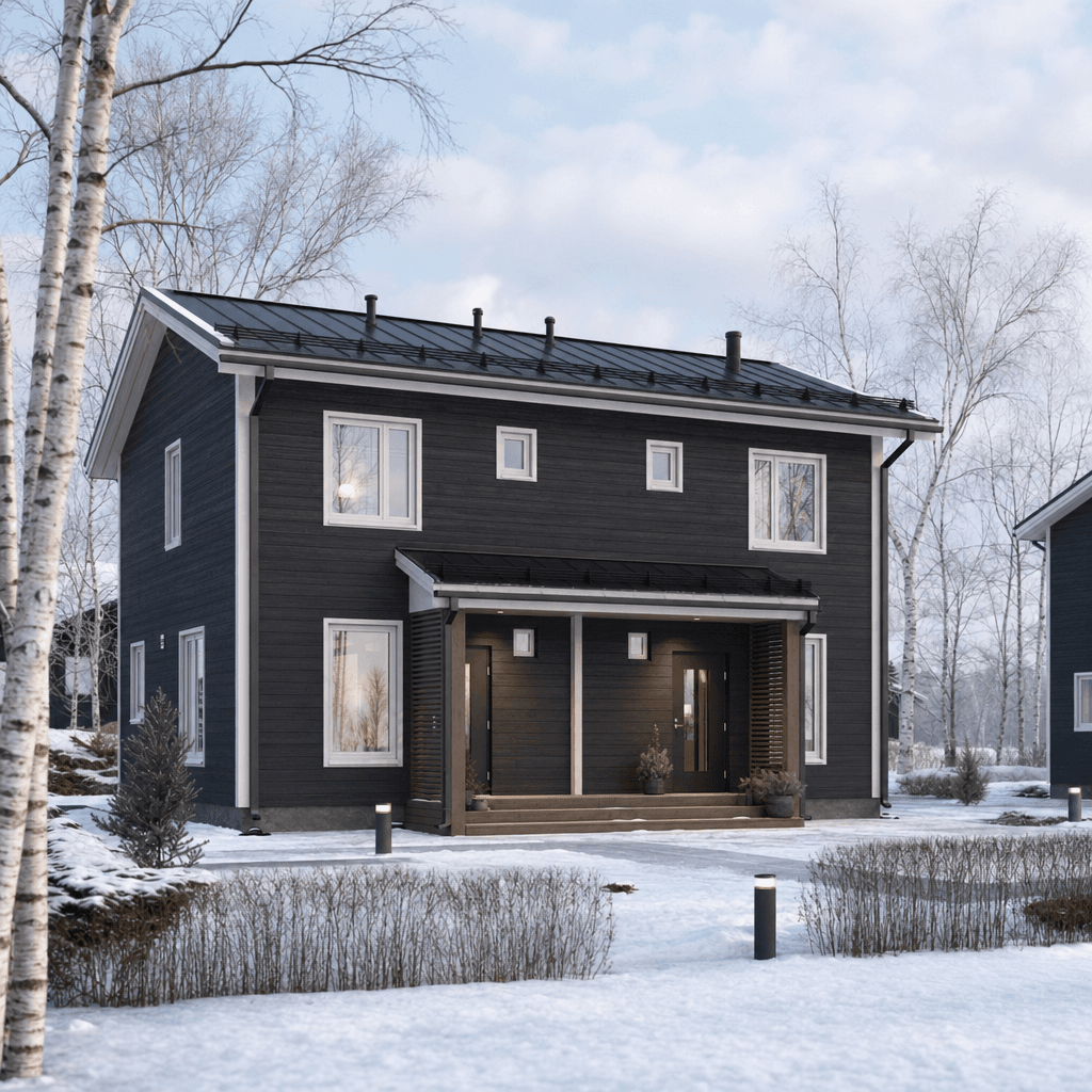 Kaksikerroksinen paritalo talvisella pientaloalueella