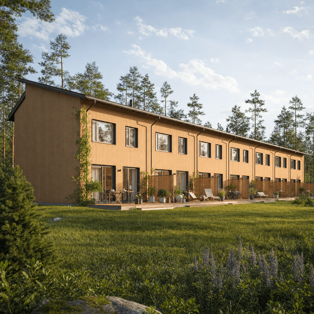 Pitkä kaksikerroksinen rivitalo, puujulkisivu ja omat terassit