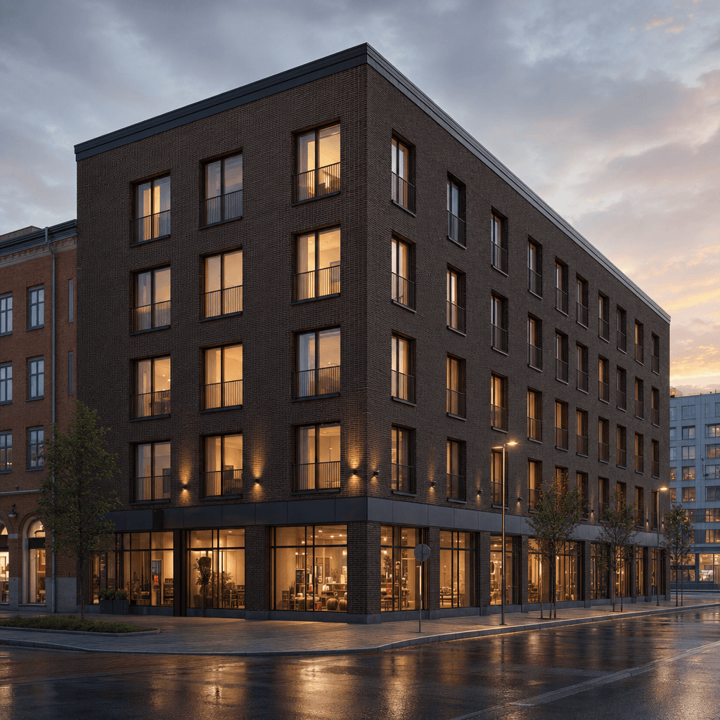 Kulmatontin tiilirakennus, liiketilat katutasossa ja asunnot ylemmissä kerroksissa