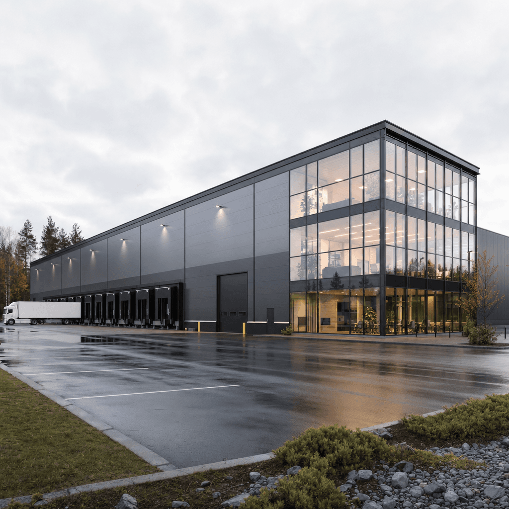 Logistiikkahalli lasisella toimisto-osalla ja lastauslaitureilla