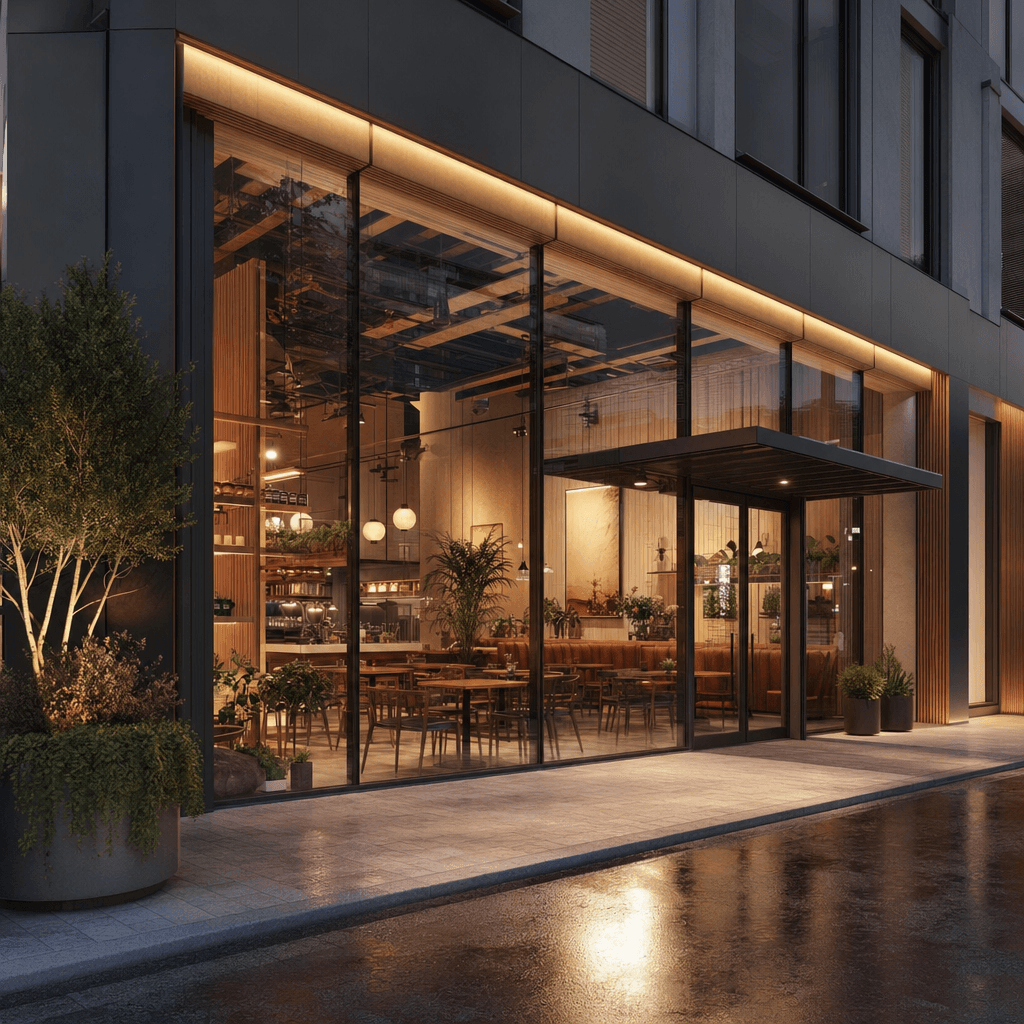 Katutasossa sijaitseva kahvilamainen liiketila, korkea lasijulkisivu ja sisäänkäyntikatos