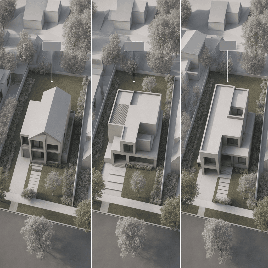 Kolme vaihtoehtoista pientalon massoittelua samalla tontilla rinnakkain