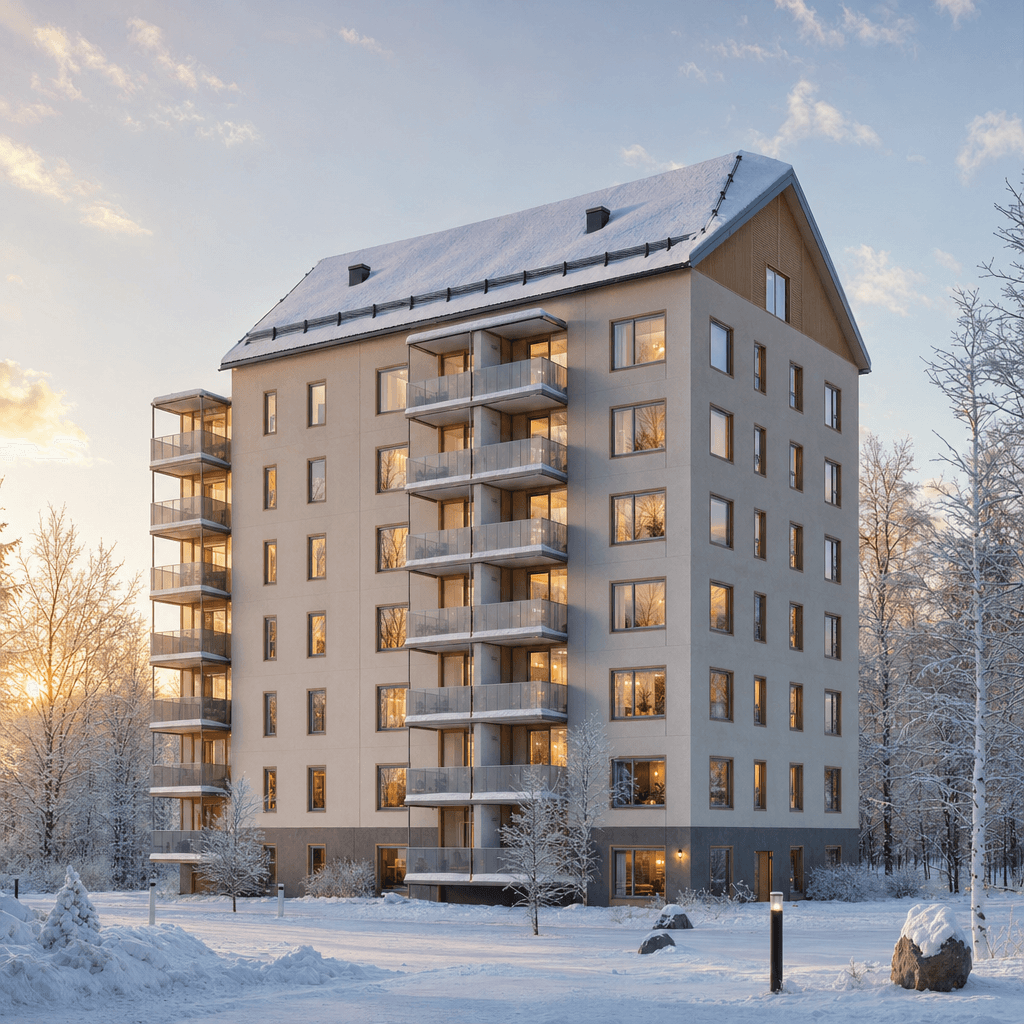 Talvinen monikerroksinen asuinrakennus, jyrkkä harjakatto ja parvekkeet
