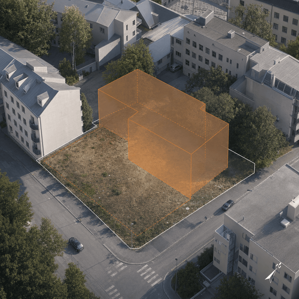 Rakentamaton kaupunkitontti, jonka päälle on asetettu läpinäkyvä rakennusvaipan hahmo